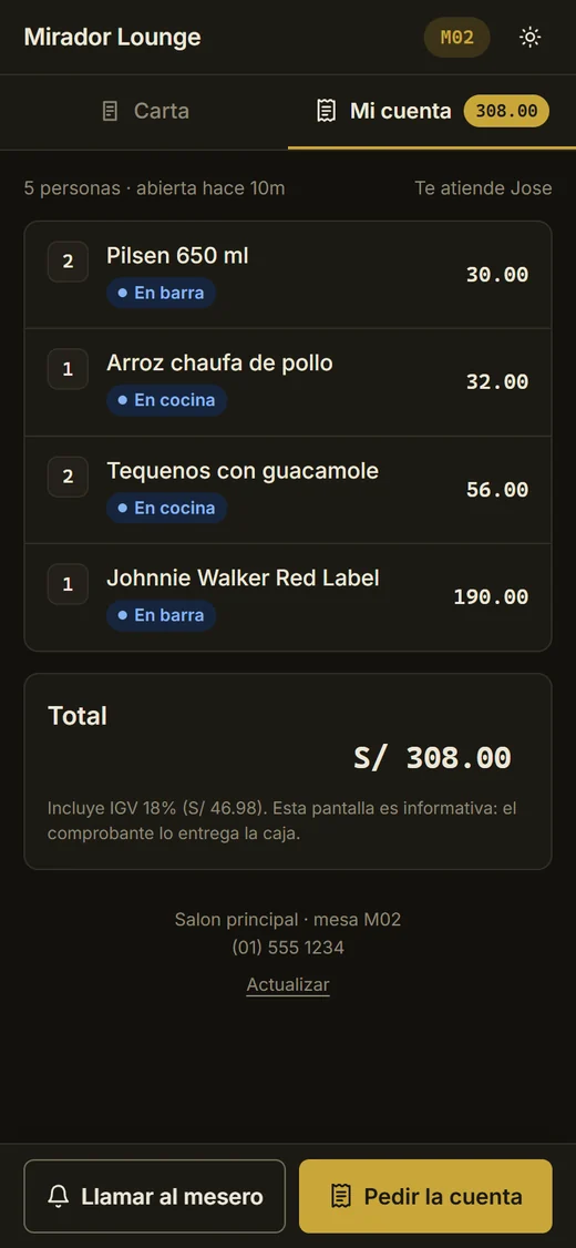 La cuenta de la mesa en el celular del cliente: cada producto con su estado, en barra o en cocina, y el total con IGV.