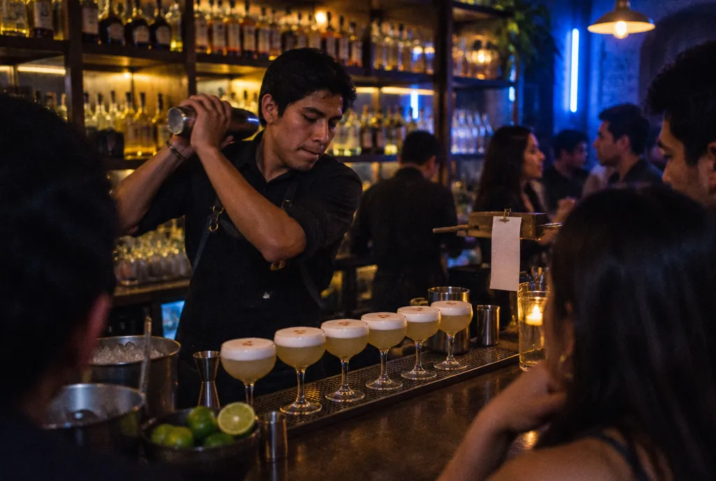 Bartender preparando una tanda de pisco sour en una barra llena.