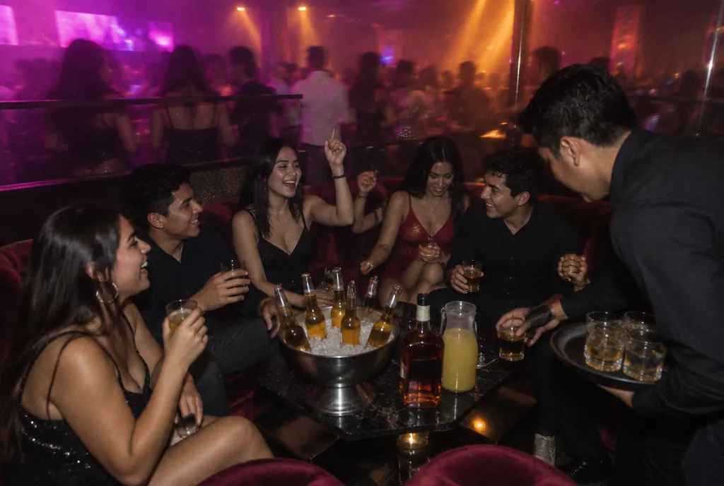 Grupo celebrando en un box de discoteca con un balde de cervezas mientras el mozo trae otra ronda.