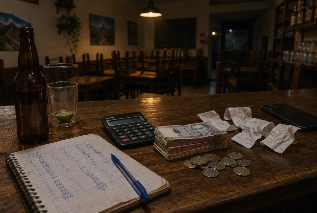 Cuaderno con cuentas a mano, calculadora, billetes y tickets sobre la barra de un local ya cerrado.