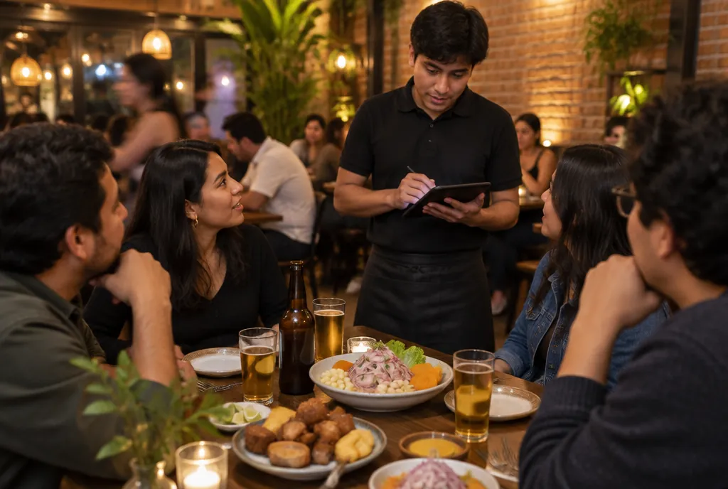 Mozo tomando el pedido en una tablet a un grupo de amigos en un restobar de Lima.