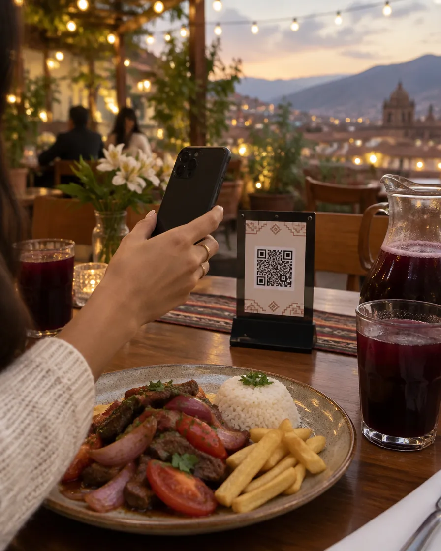 Clienta escaneando con su celular el código QR de la mesa en una terraza, con un lomo saltado y chicha morada.