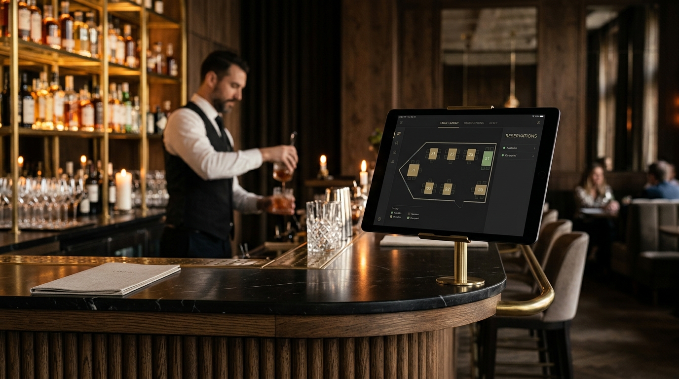 Terminal Tablely en barra de cócteles de lujo con pantalla activa