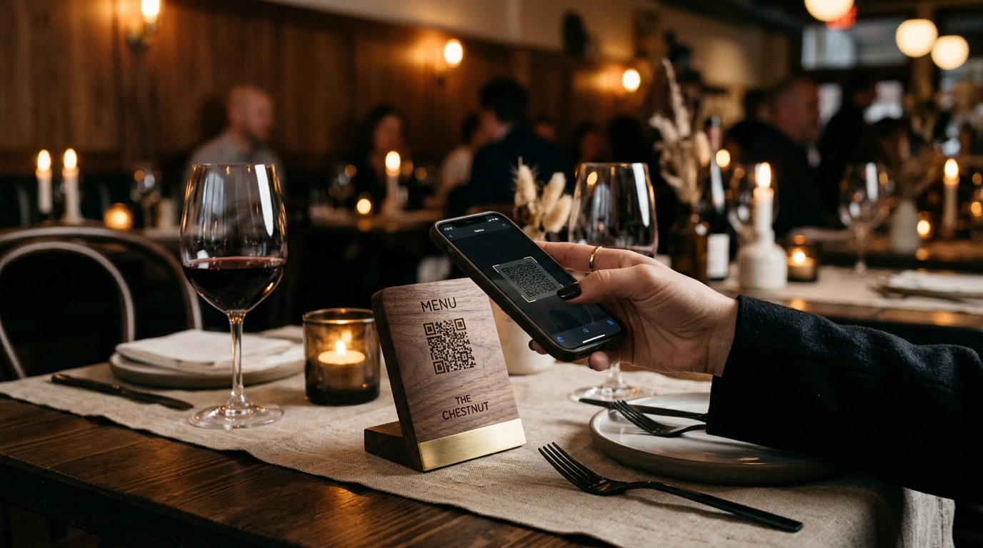 Comensal escaneando el código QR en mesa de restaurante con teléfono
