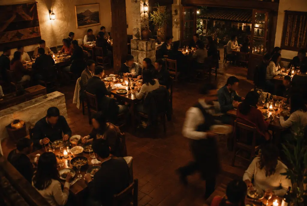 Salón de restaurante iluminado con mesas preparadas